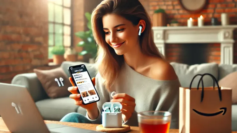 20代女性がAirPodsを装着しながらAmazonレビューをスマホでチェックしている