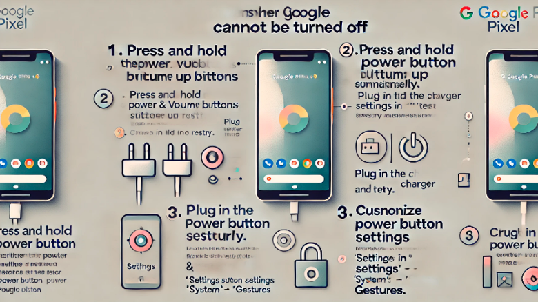 Google Pixelの電源が切れない場合の対処法を示すインフォグラフィック。電源と音量ボタンの同時押し、充電器接続後の再試行、設定のカスタマイズなどの方法が表示されています。