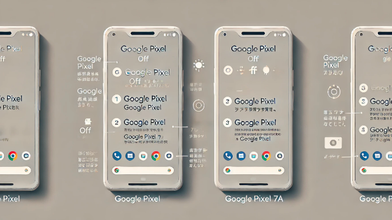 Google Pixelの電源オフ手順を示すインフォグラフィック。PixelとPixel 7aのそれぞれの電源ボタンと音量ボタンの操作方法、およびクイック設定パネルからのオフ手順が記載されています。