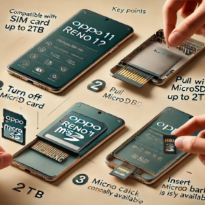 「OPPO Reno11 AにSDカードを挿入する方法の4ステップと、最大2TBまでのSDカード対応を示すイメージ画像」