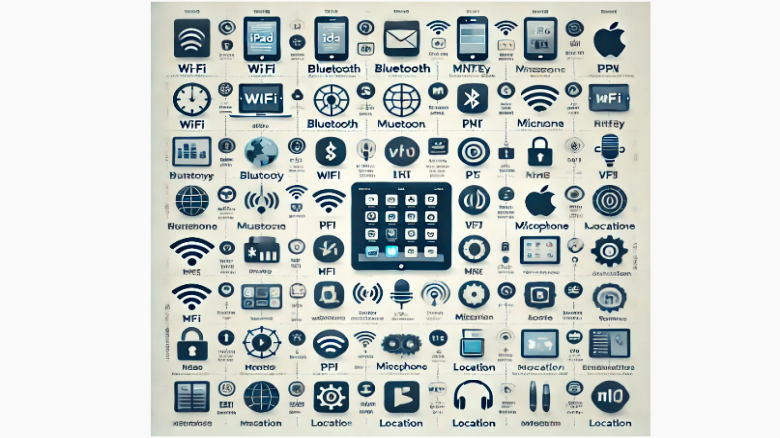 「iPadおよびiPhoneのアイコン一覧と各アイコンの機能を示したインフォグラフィック。Wi-Fi、バッテリー、Bluetooth、VPNなどのアイコンとその説明」