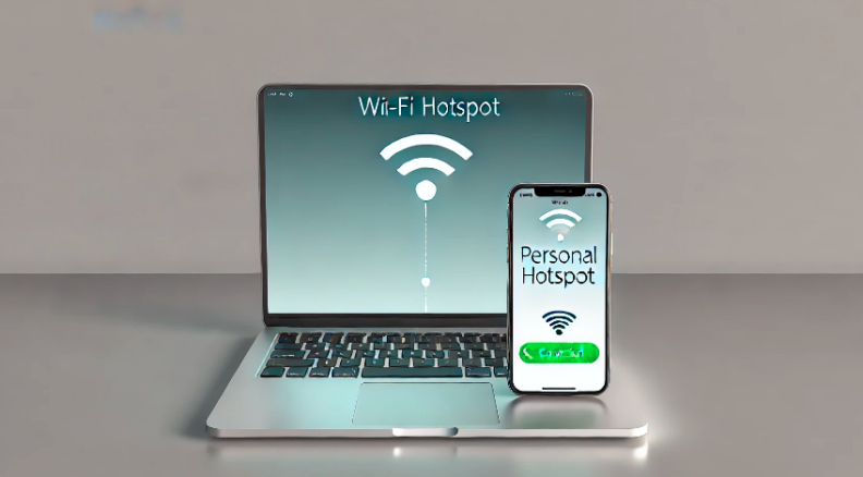 MacBook がテザリング経由で iPhone に接続され、MacBook に Wi-Fi シンボルが表示され、iPhone 画面でパーソナルホットスポットが有効になっています。