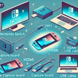 Nintendo Switchの画面をパソコンに映す方法を説明する横長のイメージ画像。キャプチャーボードや接続方法についての情報が盛り込まれている。