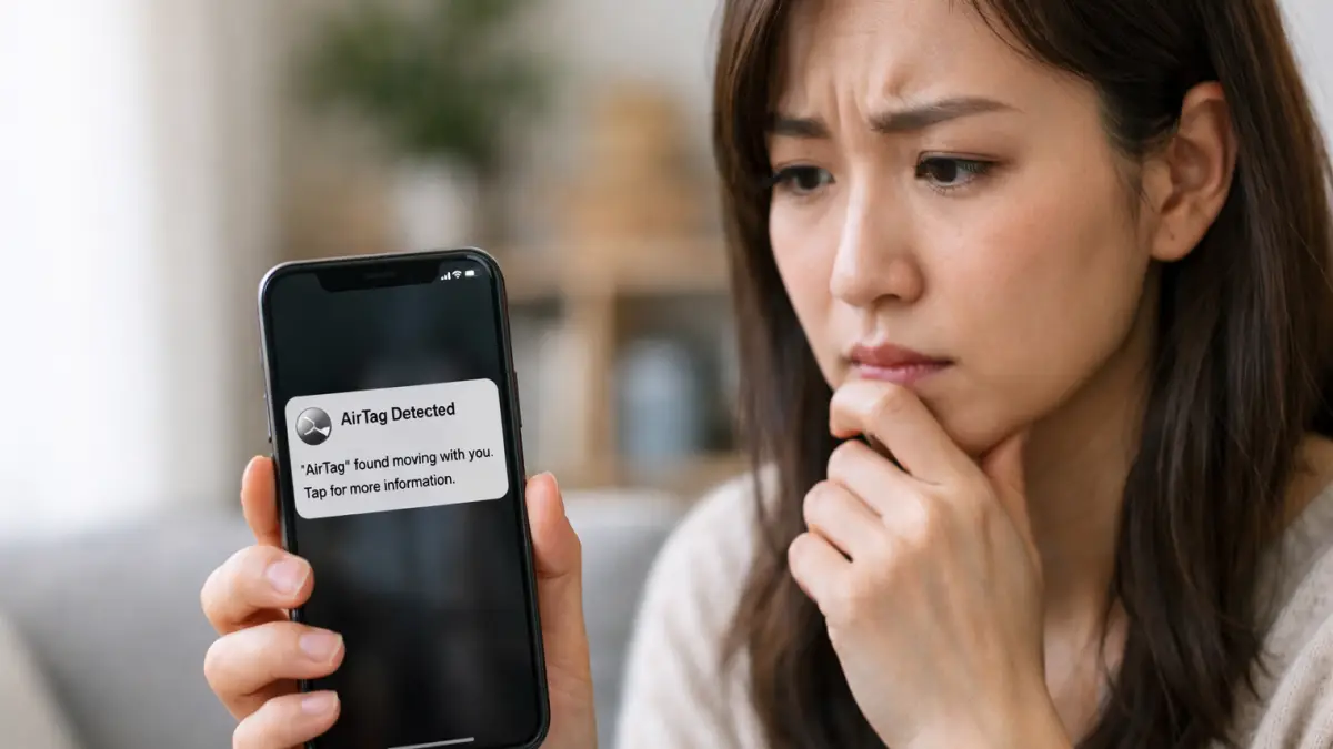 車にエアタグが付けられた場合の通知イメージ 車に不明なエアタグが付けられた可能性を知らせるスマートフォン通知画面