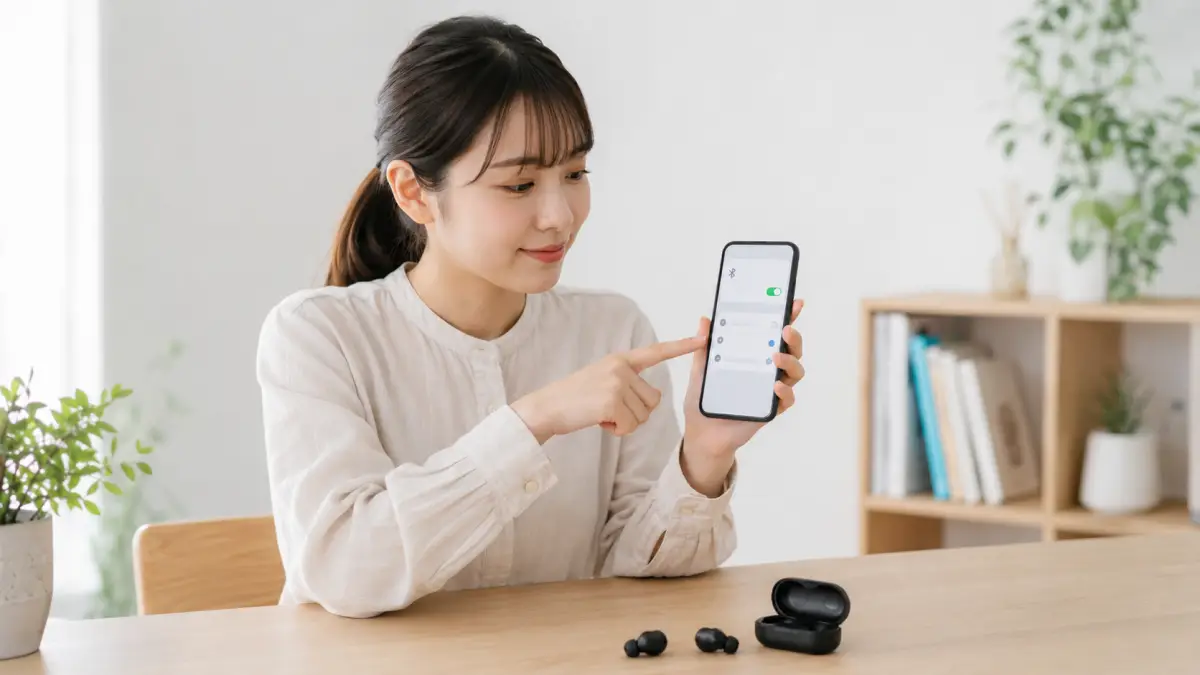 GLIDiCイヤホンをスマホにBluetooth接続する手順 GLIDiCワイヤレスイヤホン接続方法をスマホのBluetooth設定で確認している日本人女性