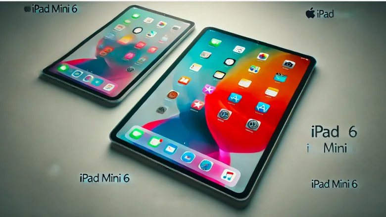 スリムでポータブルなデザインで鮮やかな画面を表示する、横向きモードの Apple iPad mini 6 の画像。