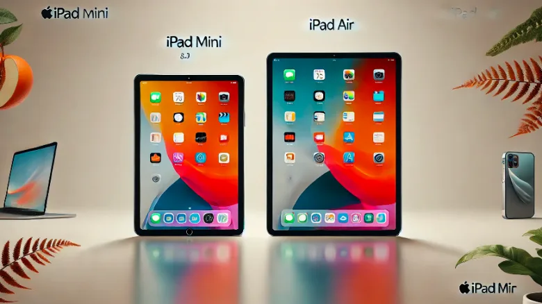 「左側にiPad mini、右側にiPad Airを並べた比較画像。iPad miniは小型で持ち運びやすく、iPad Airは大画面で作業向き。」iPad mini air 比較でわかる最適な選び方