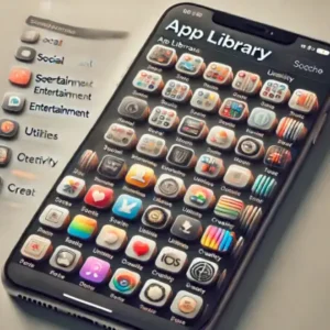 iPhoneのAppライブラリ画面を模した画像。アプリがカテゴリ別に整理され、上部には検索バーが表示されている。背景はシンプルなグラデーションで横長のデザイン。