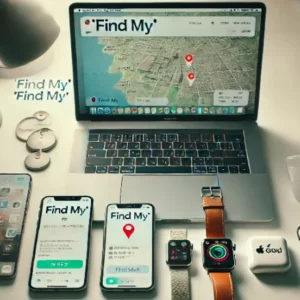 Appleの「探す」アプリ画面を表示するiPhone、iPad、Mac、Apple Watch、AirTagが並んでいる