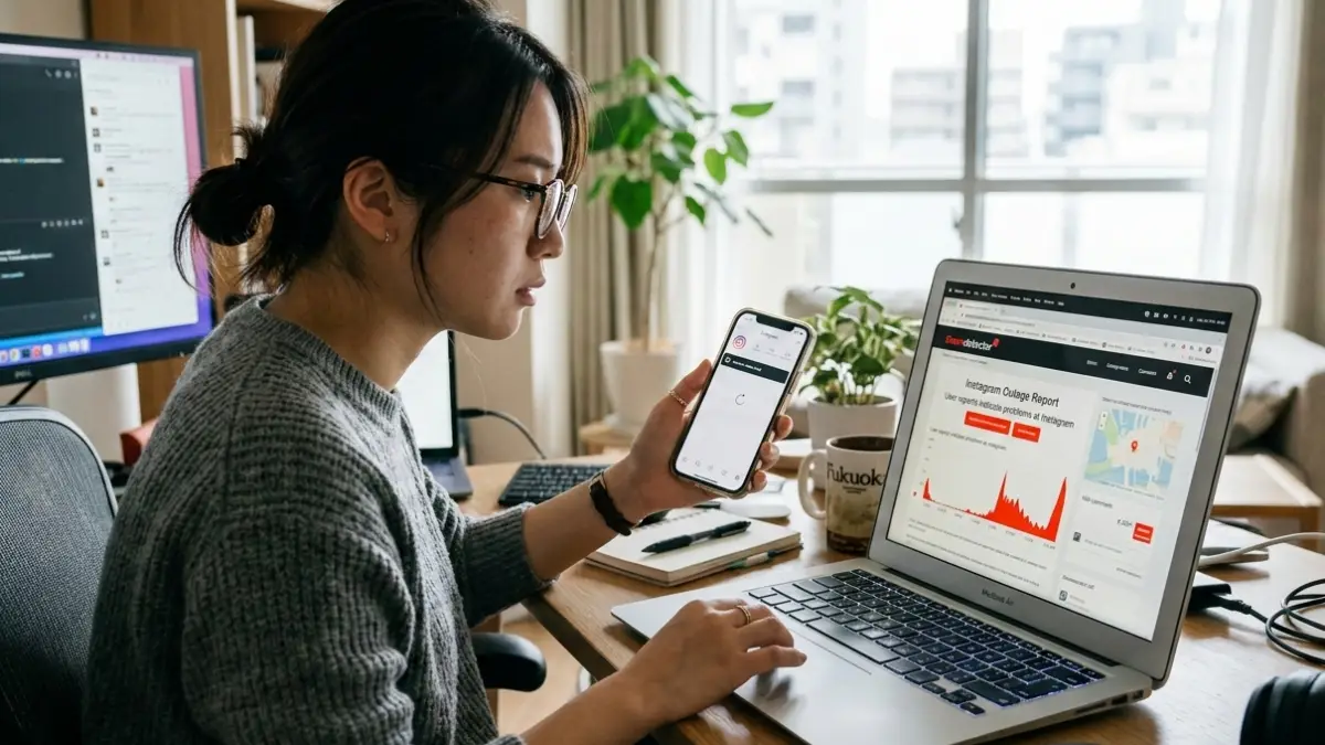 インスタ障害の確認方法 インスタ障害をスマホで確認する日本人女性