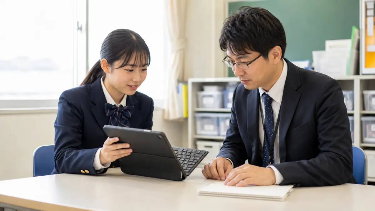 学校のiPadキーボードが反応しないため日本人の先生に相談する学生