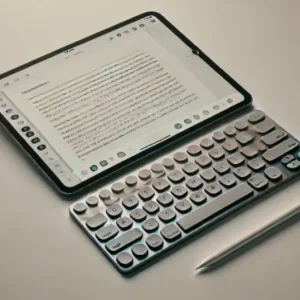 Pad が外付けキーボードに横向きで接続され、小型のラップトップに似たタブレット設定が表示されています。