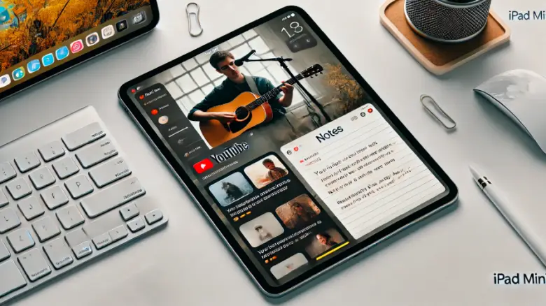 iPad miniが横向きでSplit Viewを表示している様子。画面の左側にはYouTube動画のサムネイルが表示され、右側にはメモアプリが開かれている。