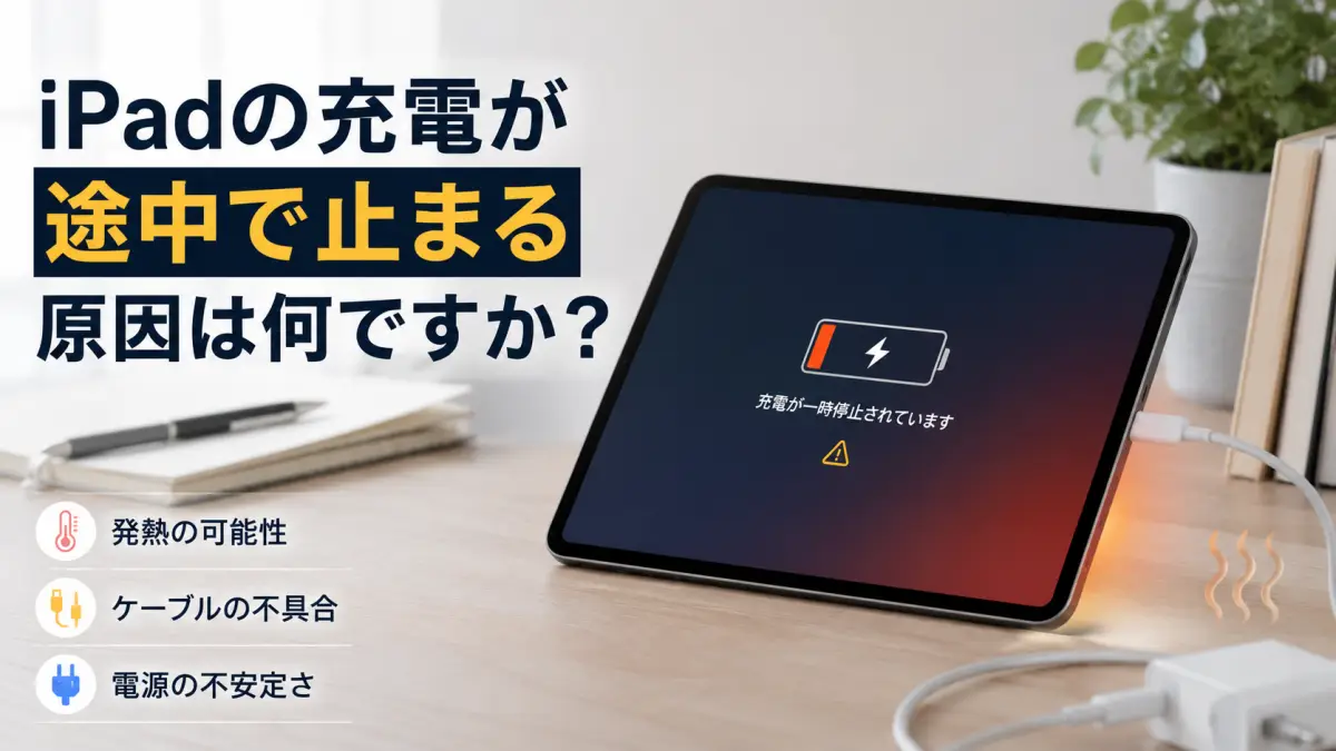 iPadの充電が途中で止まる原因 iPadの充電が途中で止まる原因を解説するアイキャッチ画像