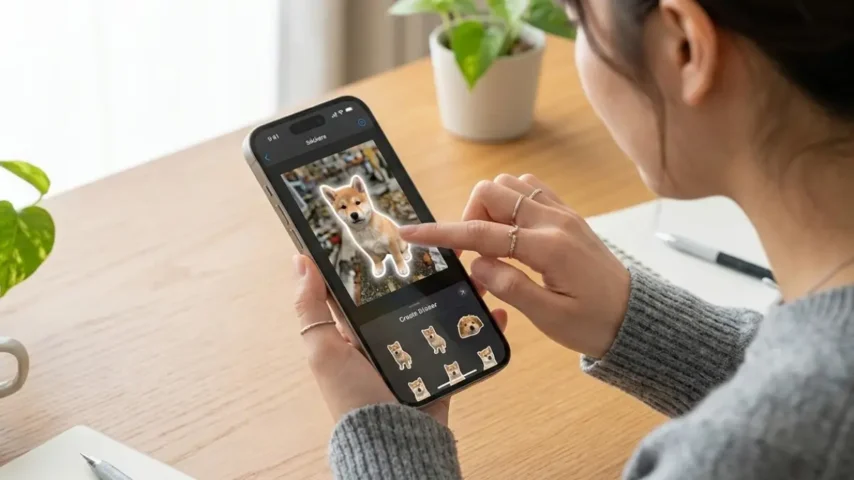 iPhoneの写真アプリで被写体を長押ししてステッカーを作成している画面