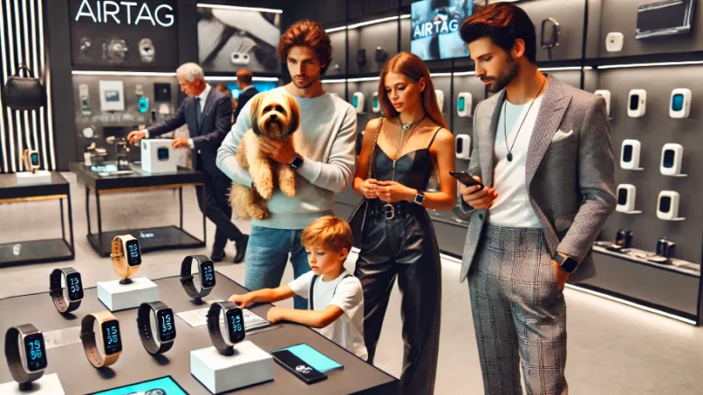 高級感のあるスマートタグ専門店で、AirTagやスマートウォッチを閲覧する家族とペット。最新の紛失防止デバイスをチェックする姿が映る。