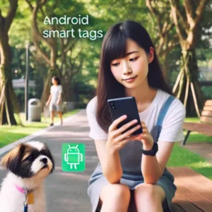 公園のベンチに座る20代の日本人女性がスマートタグの使用について考えている。横には子犬が寄り添い、スマホを見ながら思案する様子。