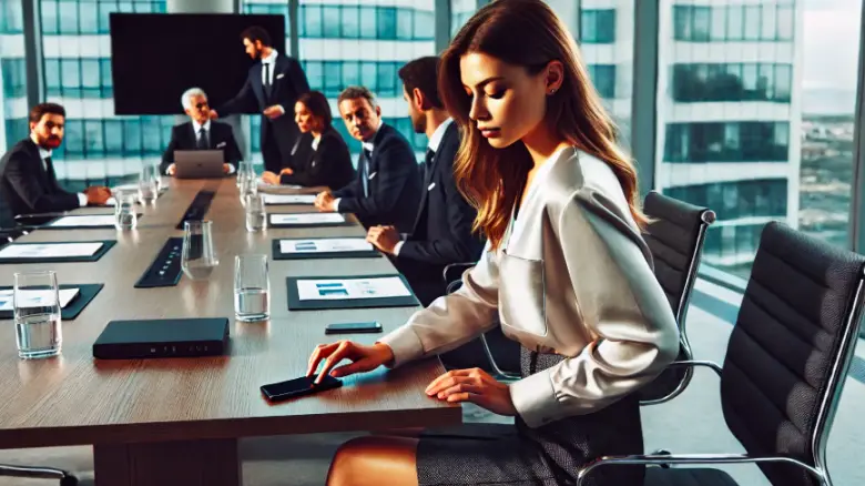 A young professional woman in her 20s sitting in a meeting room discreetly turning off the power button of her Xperia smartphone during a business meeting.