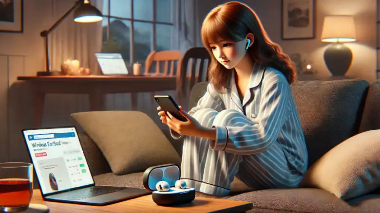 10代の女子が自宅でパジャマを着ながら、スマホを使ってCOTSUBU for ASMR MK2と3Dの購入を検討しているシーン。