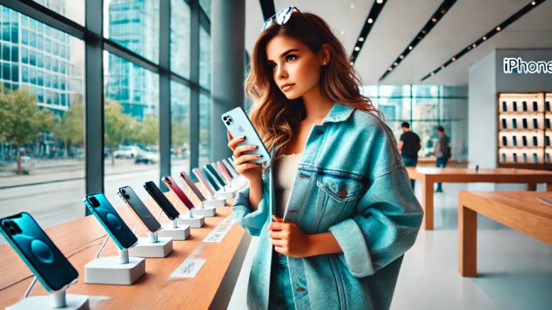 都会のショップでiPhone 16の色選びに悩むカジュアルで可愛い女性