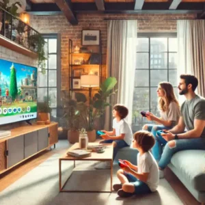 A family playing Nintendo Switch together in their living room, enjoying a fun gaming session.