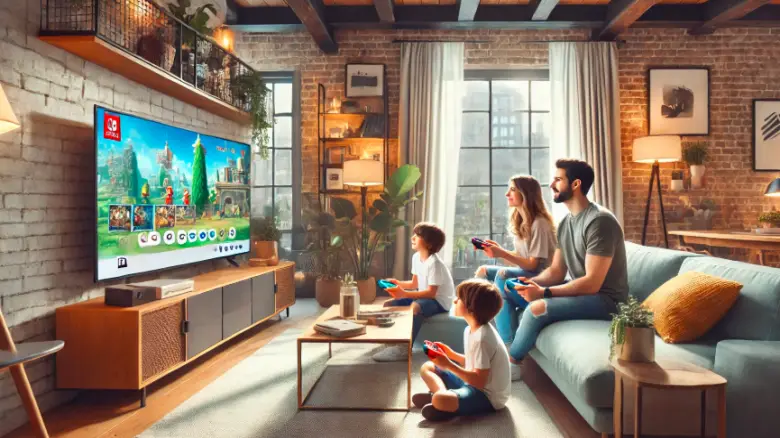 A family playing Nintendo Switch together in their living room, enjoying a fun gaming session.