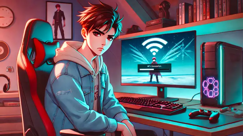 Wi-Fiが途切れてゲーム画面を見つめる少年(アニメ風)