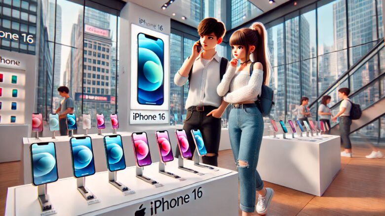 都会のショップでiPhone 16の色を選ぶ高校生カップル