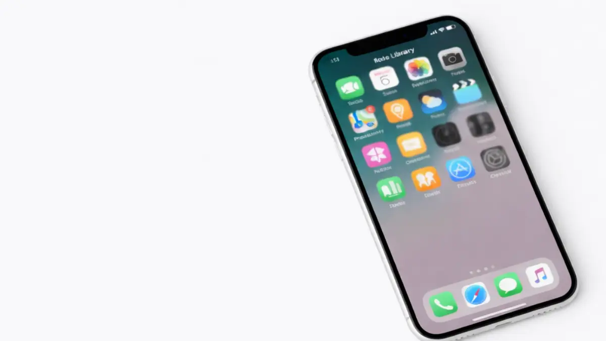 iPhoneのアプリライブラリ画面を表示し、非表示設定や代替方法を解説するイメージ