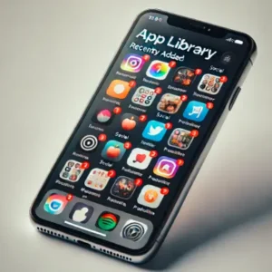 iPhoneのアプリライブラリを表示している横向きの画面。カテゴリとして「最近追加されたもの」、「ソーシャル」、「エンターテイメント」、「生産性」などが含まれ、それぞれのカテゴリ内にアプリアイコンが整然と並べられています。