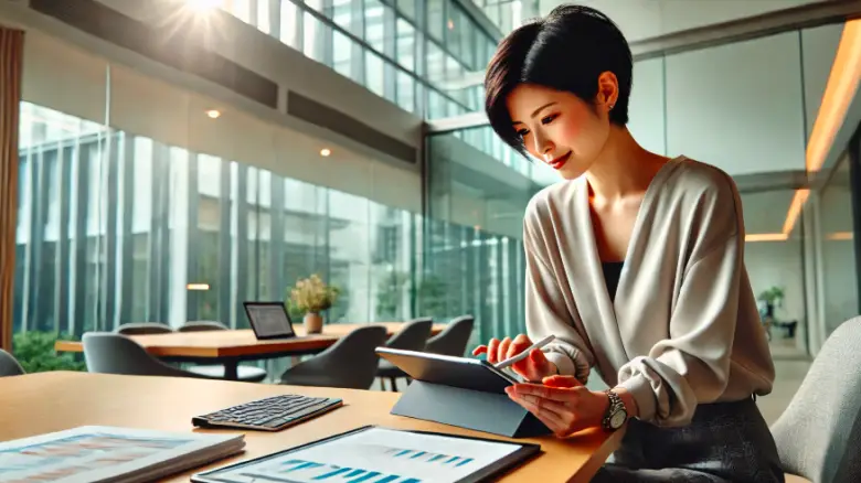 20代のショートカットの日本人女性が会社のオフィスでiPad miniを使い、無料のExcelを利用している様子