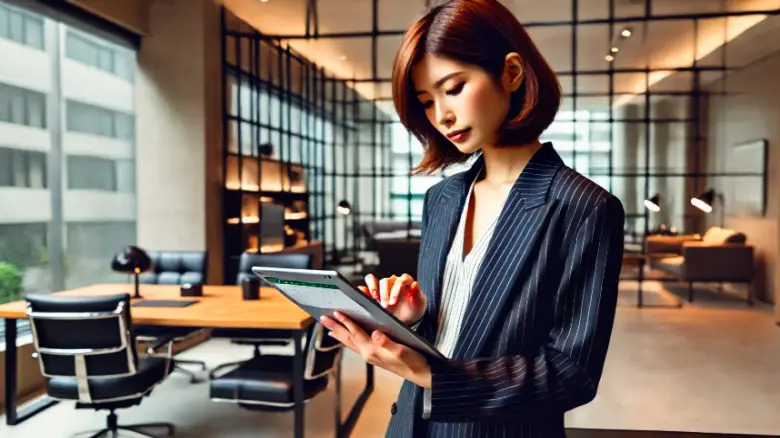 オフィス内でiPad miniを使い、エクセルを無料で利用する20代のスタイリッシュな日本人女性