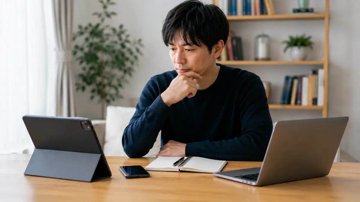 iPadとスマホ、ノートPC、紙のノートを比較して必要性を考える日本人男性