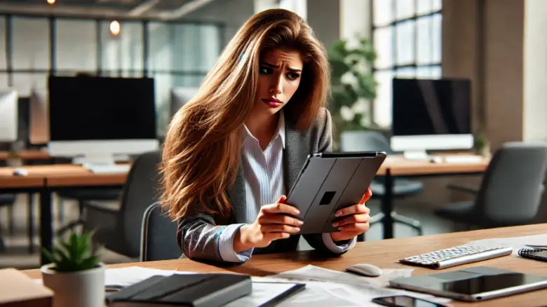 オフィス内でiPadのパスコードを忘れて困っている20代女性が、机に座って問題を考えている様子