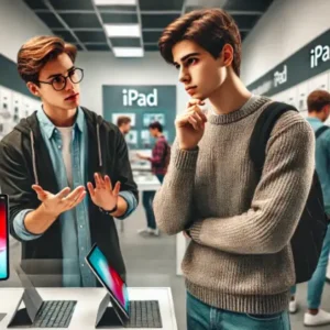 iPadの購入をショップで悩む大学生2人の様子