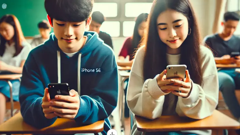 iPhone SEで予測変換機能を使いながらメッセージを作成している学生2人の様子