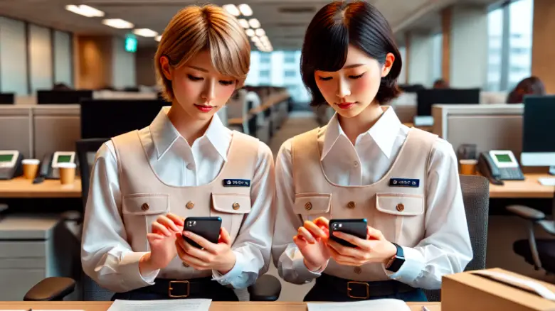 iPhone SEで予測変換を削除する2人の20代女性。オフィス内で会社制服を着用し、1人は金髪ショートカット。