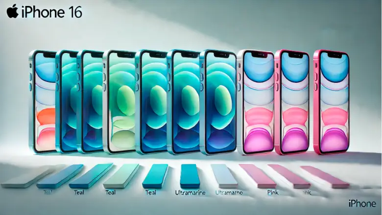 "iPhone 16の新色が横並びにディスプレイされている画像。ウルトラマリン、ティール、ピンク、ホワイト、ブラックの新しいカラーバリエーションを紹介。