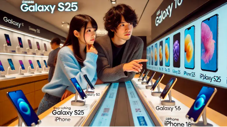 "A Japanese 20-something couple comparing Galaxy S25 and iPhone16 at an electronics shop"