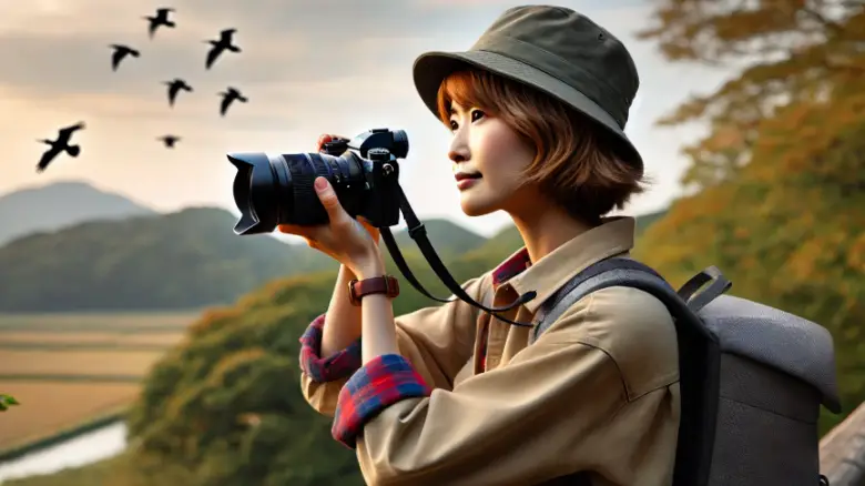 「Nikon Z6 IIでバードウォッチングを楽しむ30代女性の日本人、アウトドアファッションでショートカット、金髪」