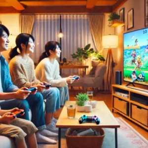 Nintendo Switchでスマッシュブラザーズを楽しむ家族4人