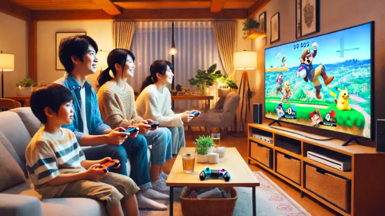 Nintendo Switchでスマッシュブラザーズを楽しむ家族4人