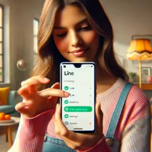 20代の女性がGoogle Pixel 7を操作し、LINEの通知音を変更している様子を描いたイラスト。モダンなリビングルームが背景。