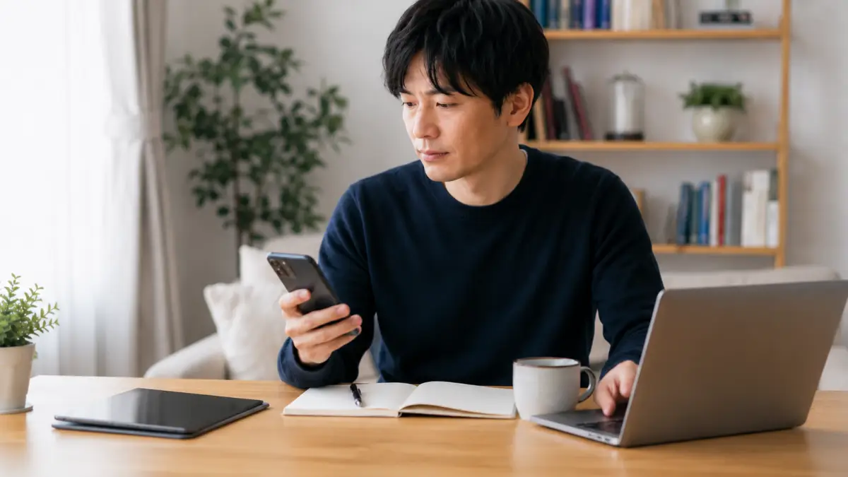 スマホとノートPCを使い、机の上のiPadを使わずに置いている日本人男性