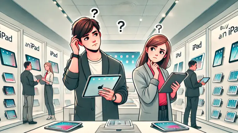 大学生がショップでiPadを買うか悩む場面を描いたイラスト。