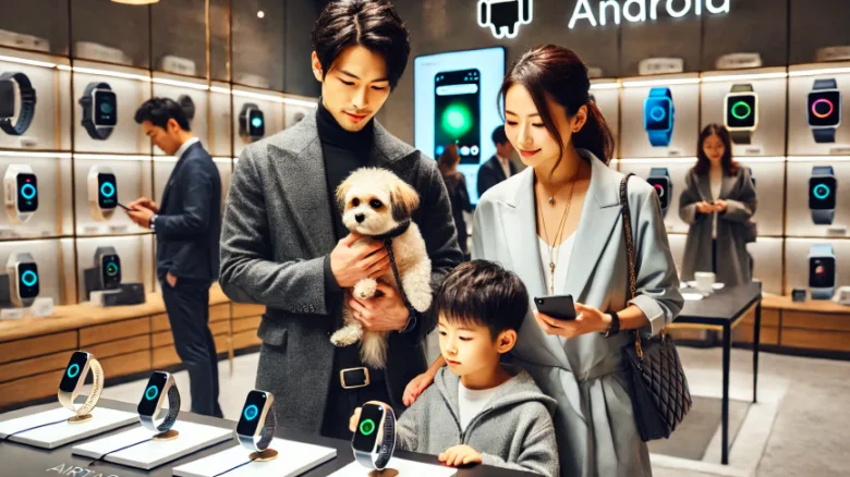 エアタグのAndroidバージョンを探す日本人の親子3人と小型犬を抱える父親がショップで相談する様子