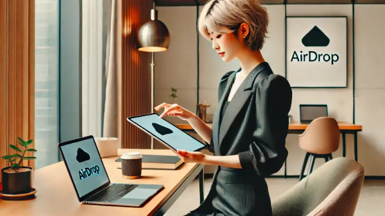 金髪ショートカットの20代の日本人女性が、オフィス内でiPadのAirDrop設定を行っている様子。