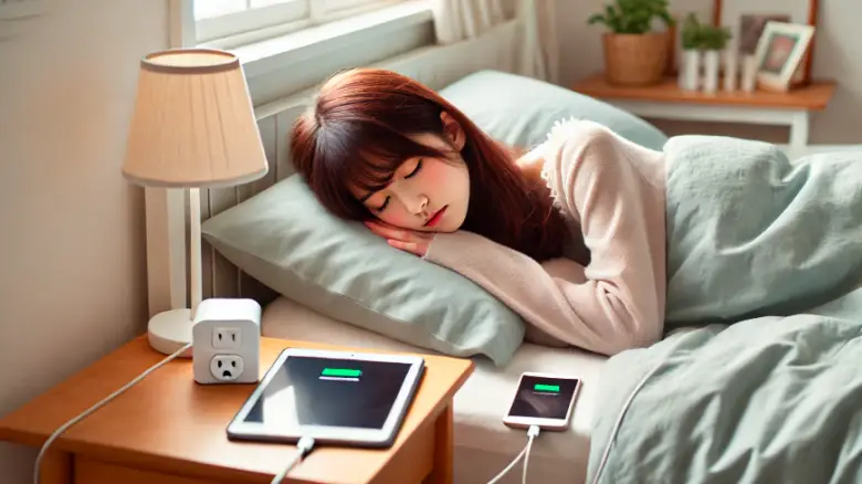 「10代の茶髪の女性が寝室でiPadとスマホを充電しながら眠る様子」