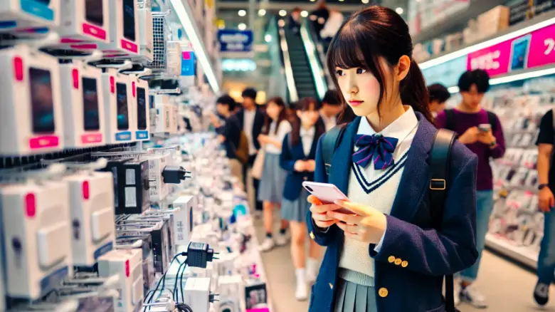 充電器やアダプタを探す制服姿の10代女性、人込みの中でショッピングしている様子