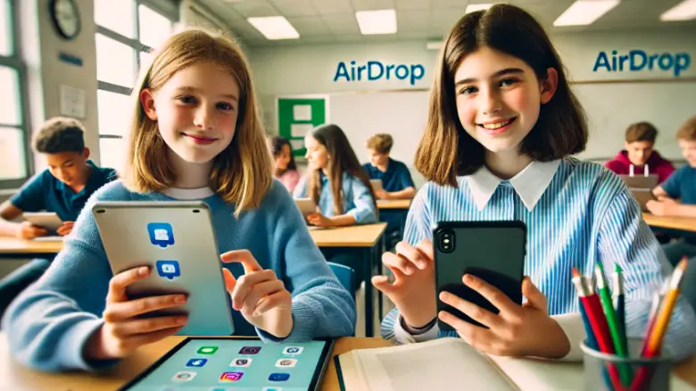 10代の女子2人が学校の教室内でiPadとiPhoneを使用してAirDropを行っている様子